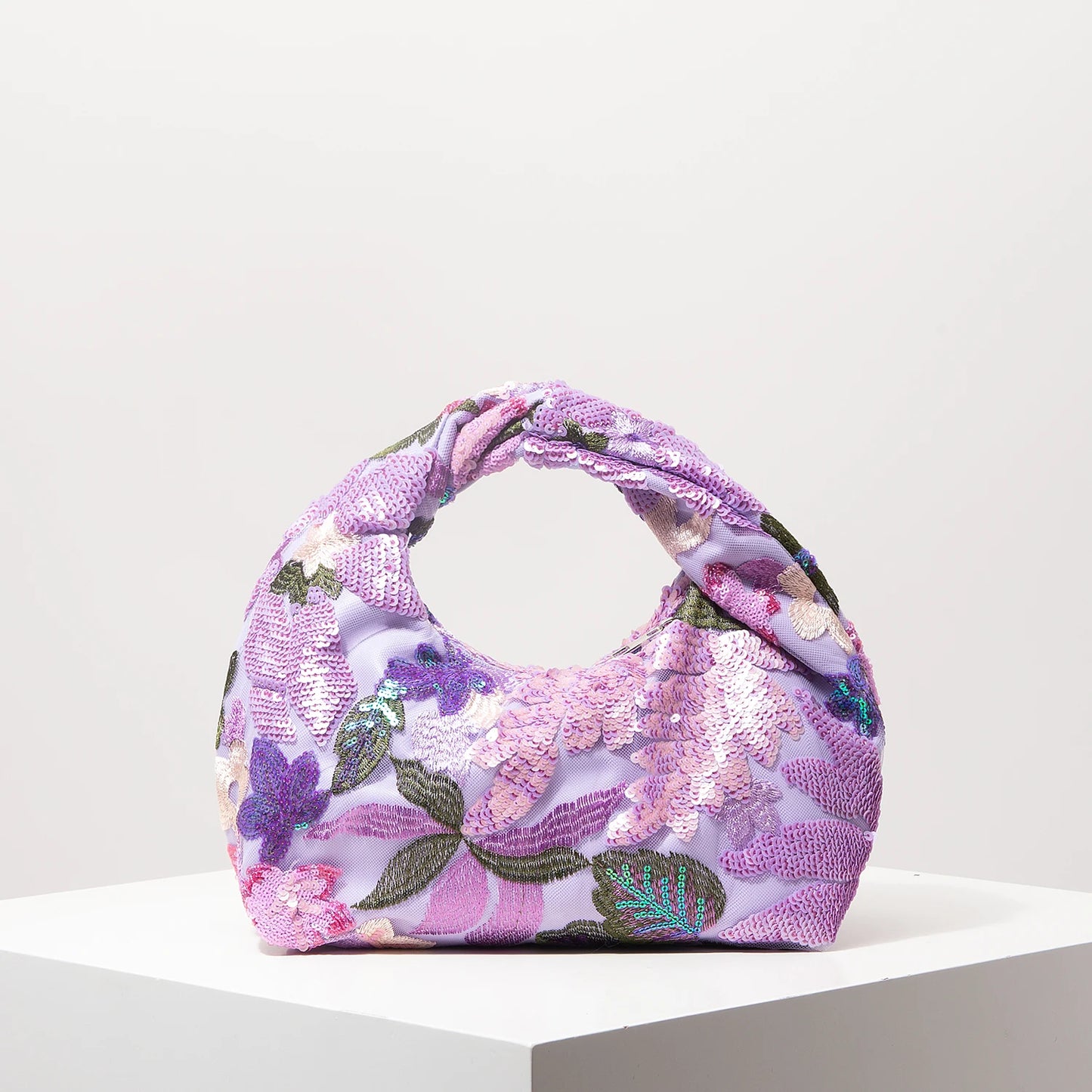 Floral Sequin Half-Moon Evening Bag