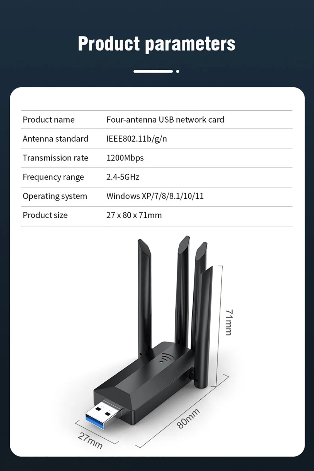 1200M USB 3.0 Dual-Band WiFi Adapter 2.4GHz/5GHz with 4 External Antennas