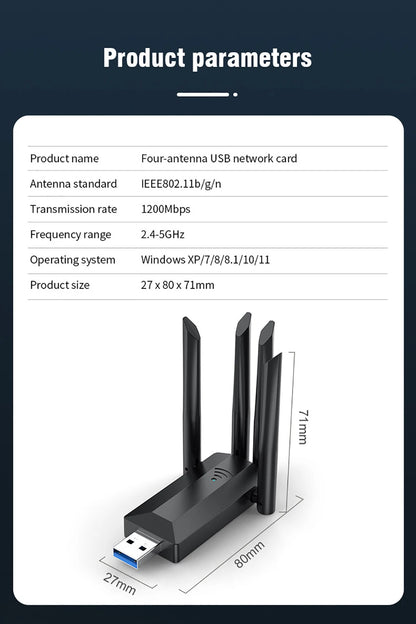 1200M USB 3.0 Dual-Band WiFi Adapter 2.4GHz/5GHz with 4 External Antennas