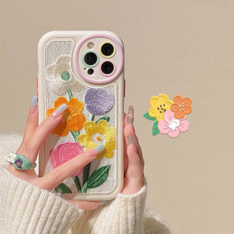 Embroidery Tulip Flowers Phone Mobile Phone Case For iPhone 14 13 12 11 Pro Max 15 Pro