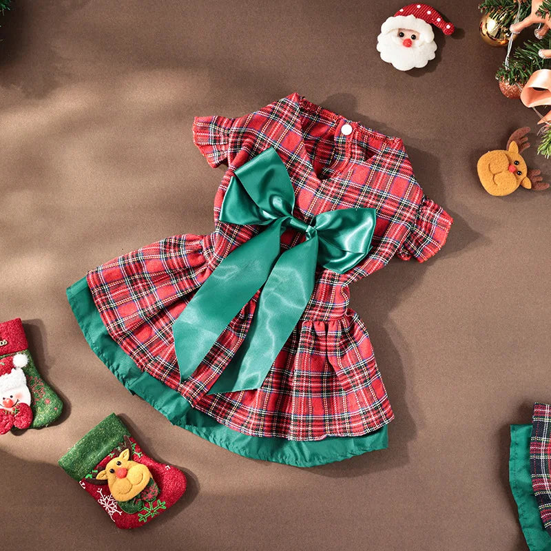Plaid Christmas Dog Dress with Bow