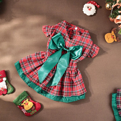Plaid Christmas Dog Dress with Bow