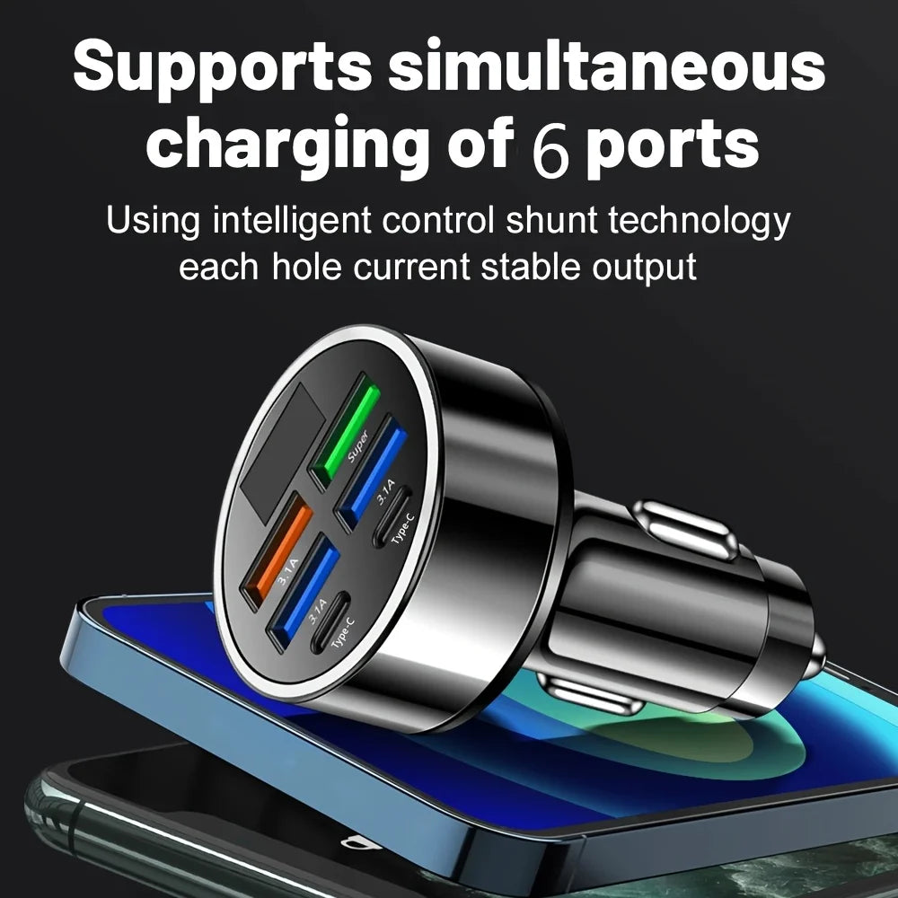 6-in-1 Fast Charging Car Charger with Digital Display