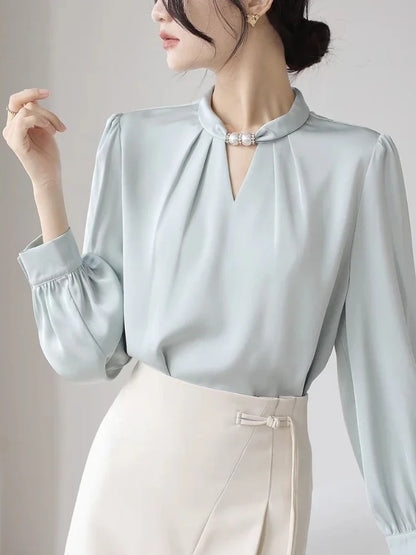 Women's Elegant Satin White Stand Collar Beaded Blouse