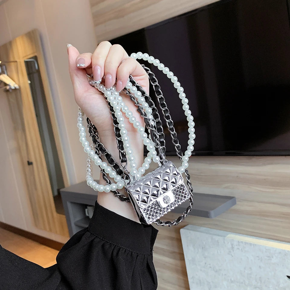 Mini Metallic Evening Box Bag with Pearl Chain