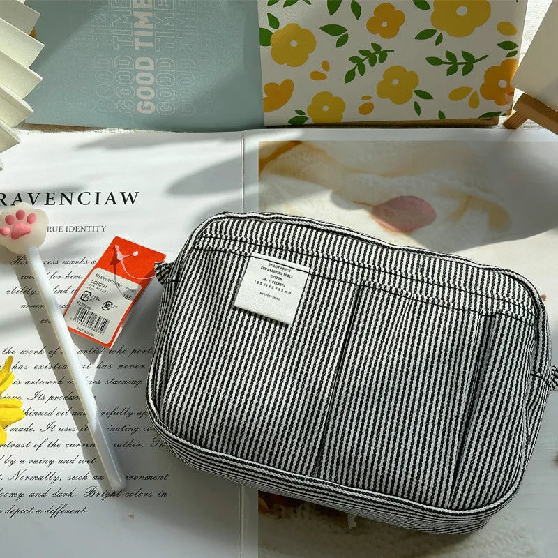 Large Capacity Canvas Pencil Case with Multi-Layer Storage