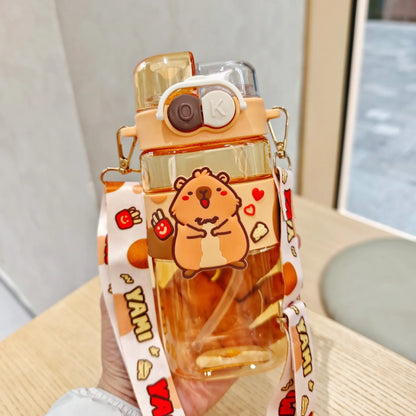 Kids Capybara Straw Water Bottle 750ml with Carry Strap
