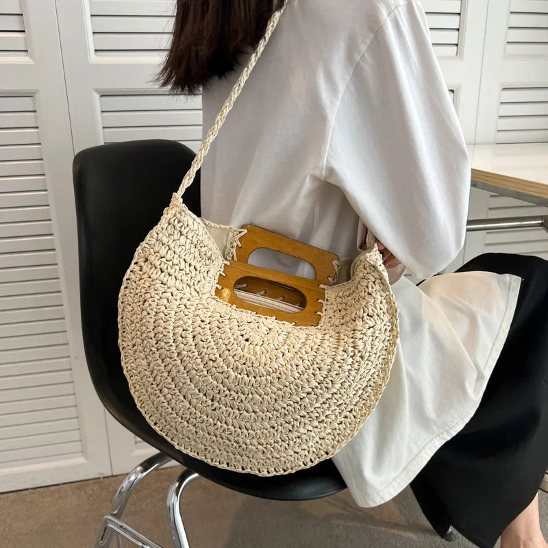 Handwoven Bohemian Straw Shopper Tote Bag