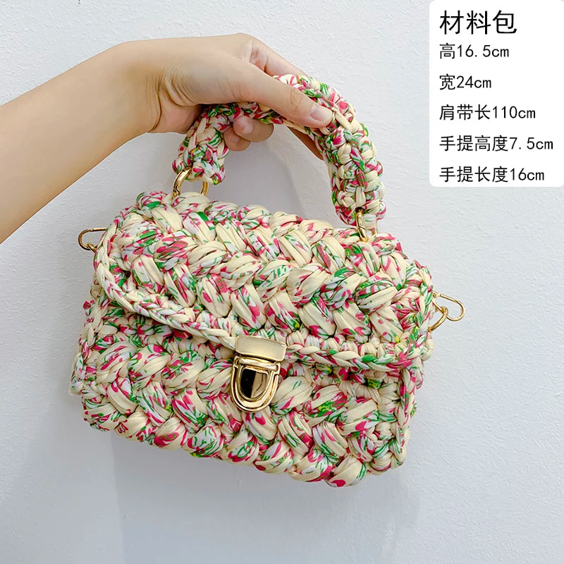 Woven Cotton Chain Crossbody Handbag