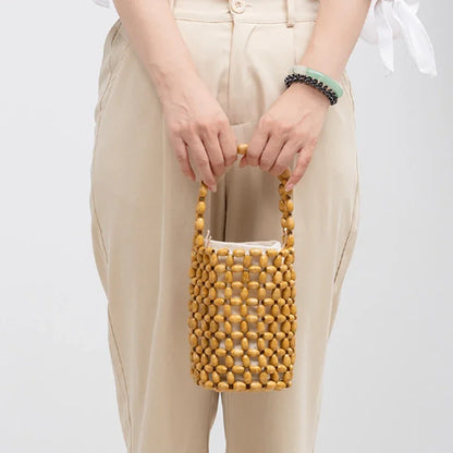 Handmade Woven Wooden Bead Bucket Bag