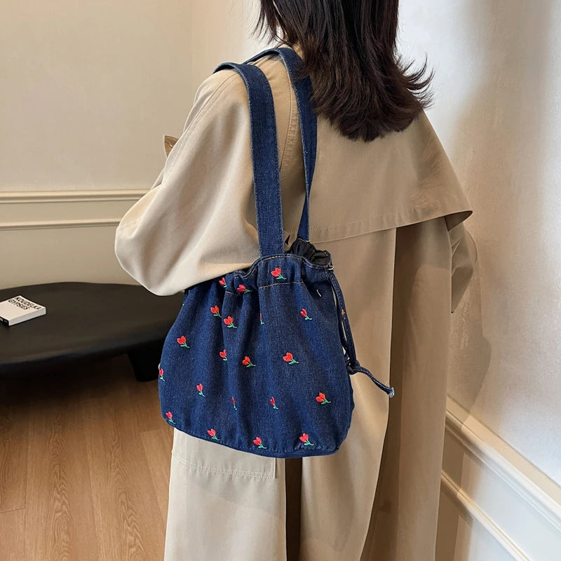 Embroidered Denim Drawstring Shoulder Tote Bag