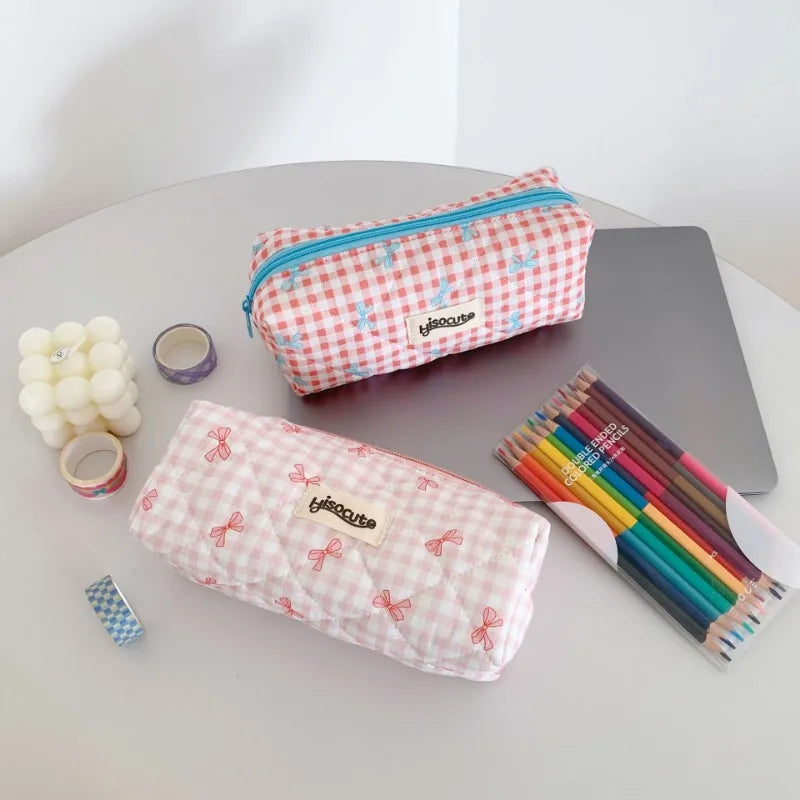 Fresh Plaid Bow Print Pencil Case