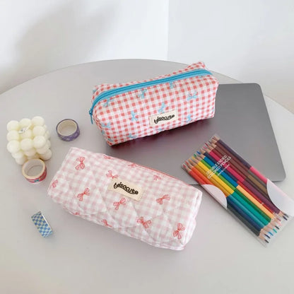 Fresh Plaid Bow Print Pencil Case
