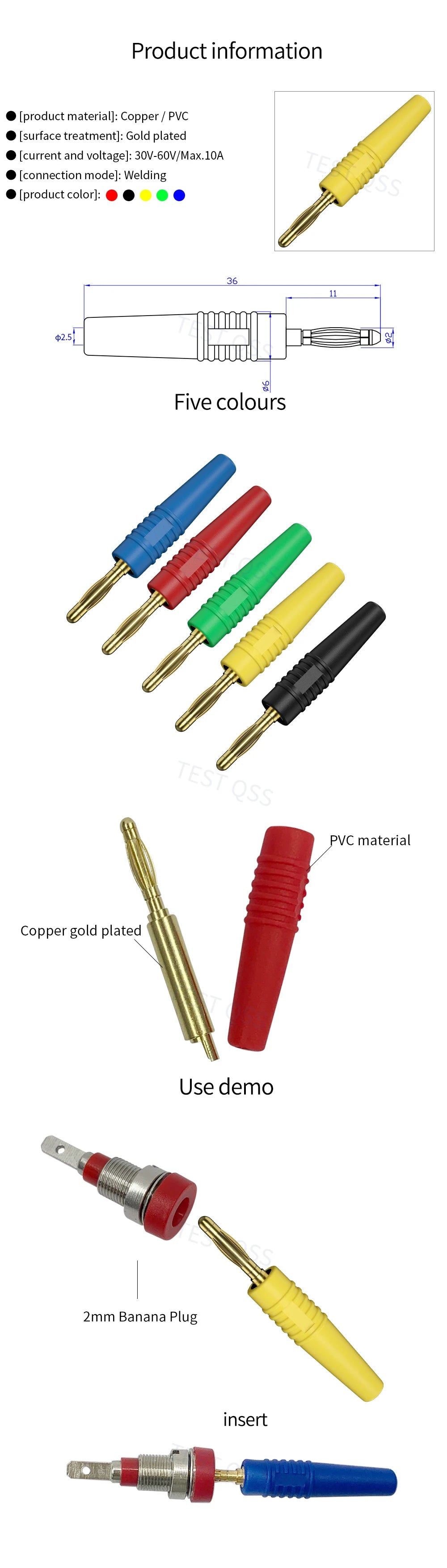 10-Pack 2mm Gold-Plated Banana Plug Connectors