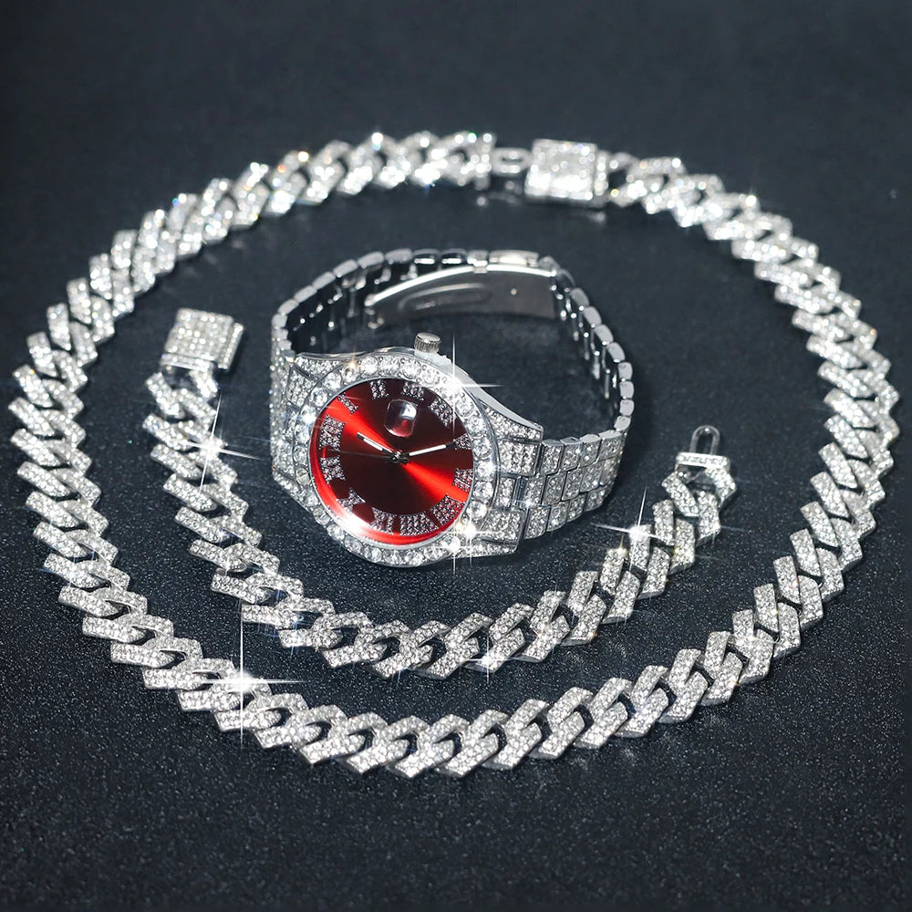 Men's Silver Hip-Hop Watch & Jewelry Set