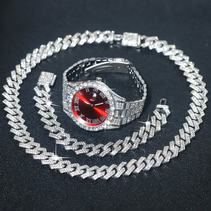 Men's Silver Hip-Hop Watch & Jewelry Set
