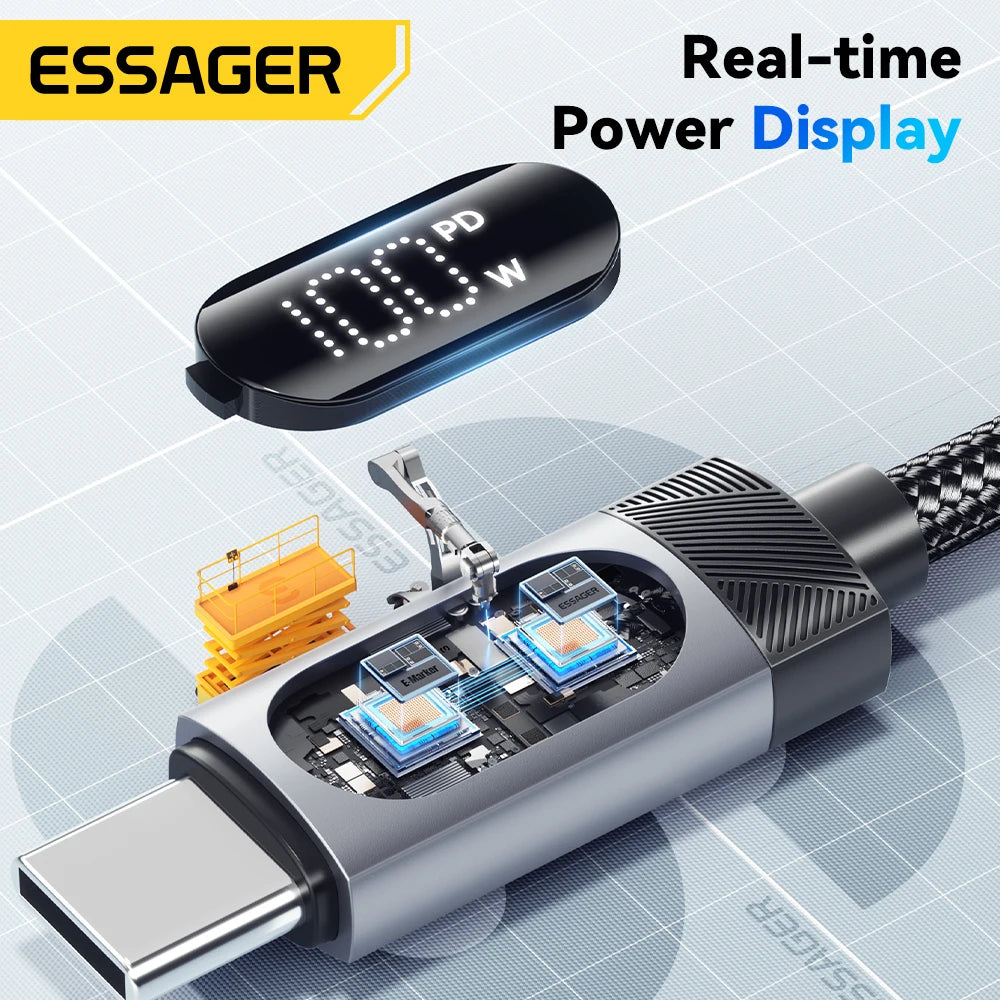 Essager Braided USB-C PD Charging Cable – 100W with Digital Display
