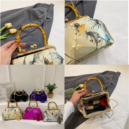Luxury Embroidered Evening Handbag with Bamboo Handle