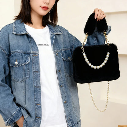 Pearl Chain Plush Shoulder Bag