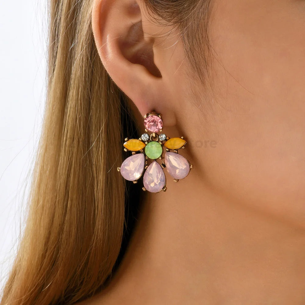 Geometric Flower Rhinestone Decor Drop Earrings