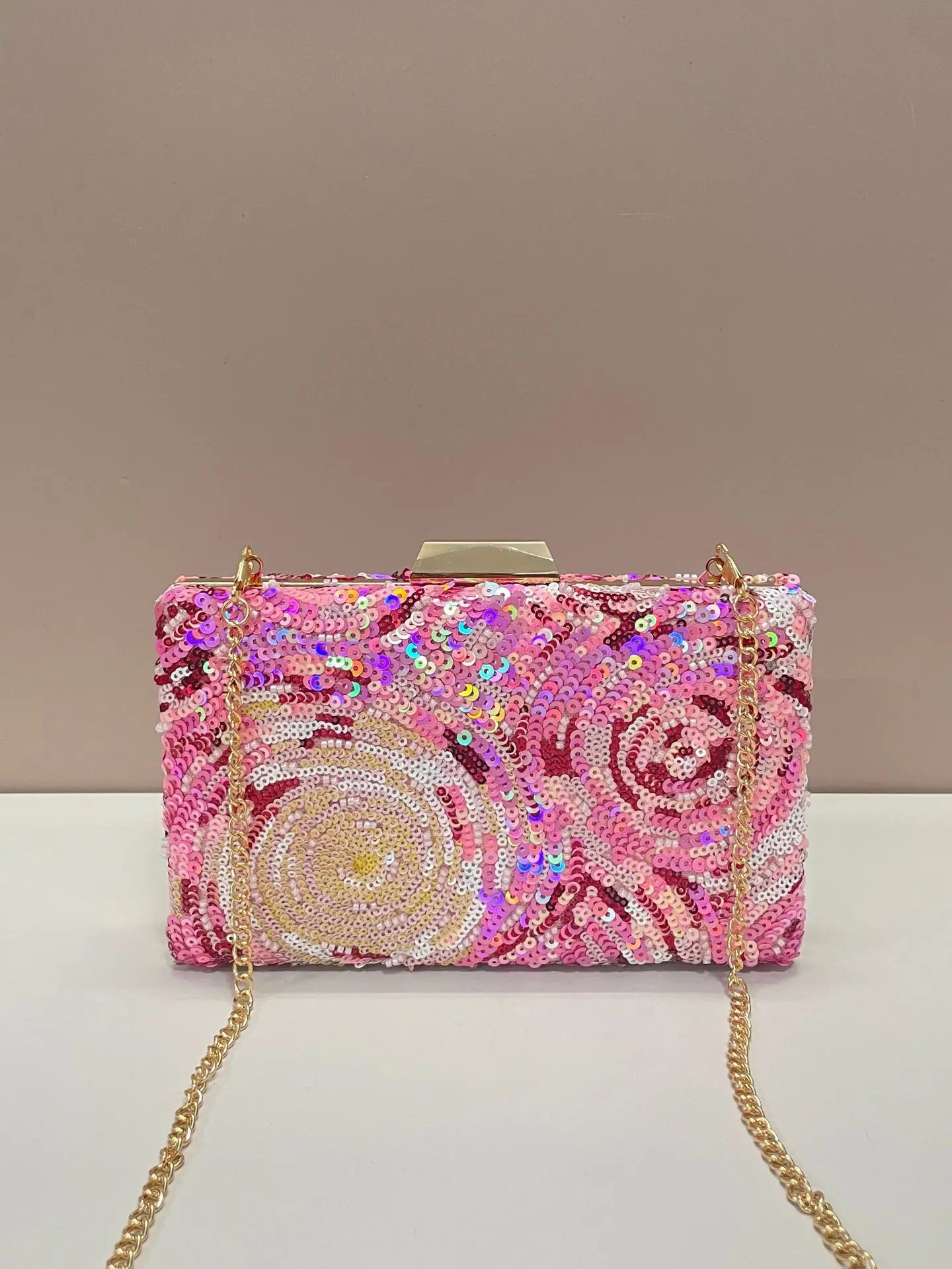 Pink Floral Sequin Evening Clutch
