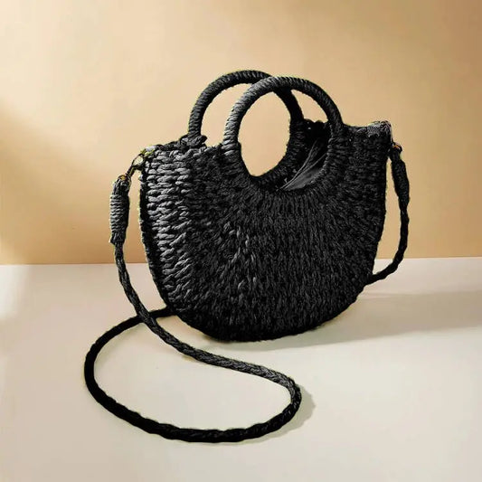 Half-Round Woven Straw Beach Tote Bag