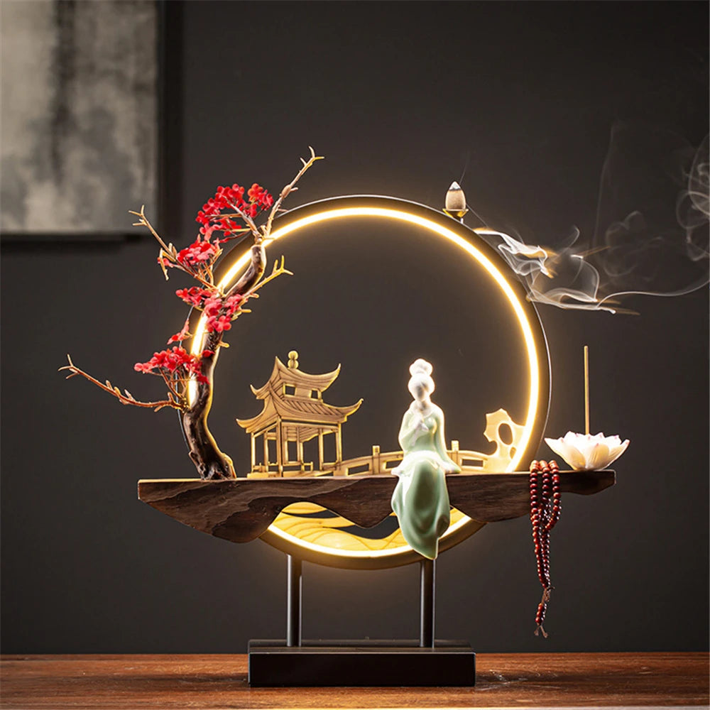 Ceramic Waterfall Incense Holder with LED Ring & Lotus Decor