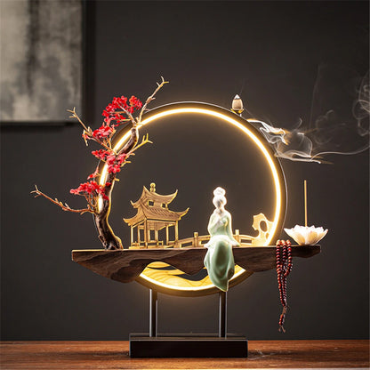 Ceramic Waterfall Incense Holder with LED Ring & Lotus Decor