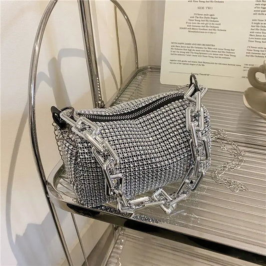 Rhinestone Bucket Bag – Glitter Chain Mini Crossbody Purse