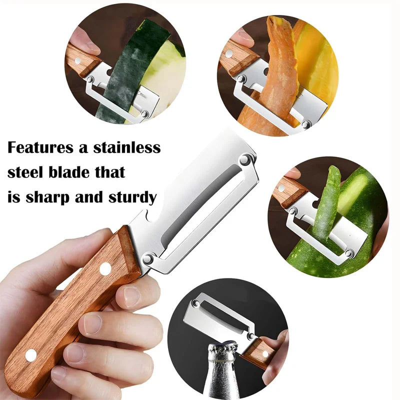 3-in-1 Stainless Steel Vegetable & Fruit Peeler with Oak Handle