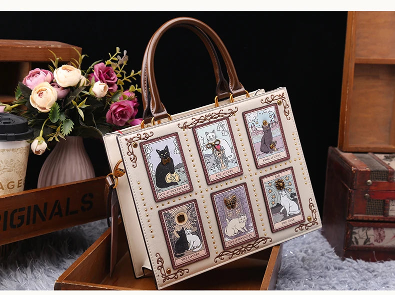 Vintage Cat Print Leather Tote Bag