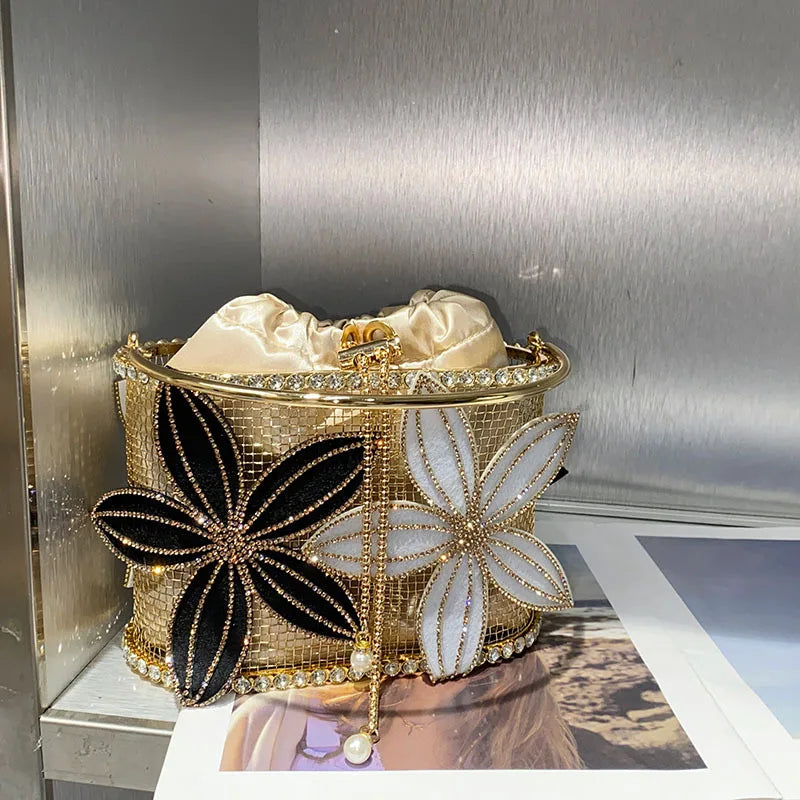 Handmade Floral Rhinestone Bucket Evening Bag