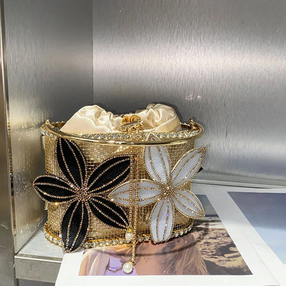 Handmade Floral Rhinestone Bucket Evening Bag