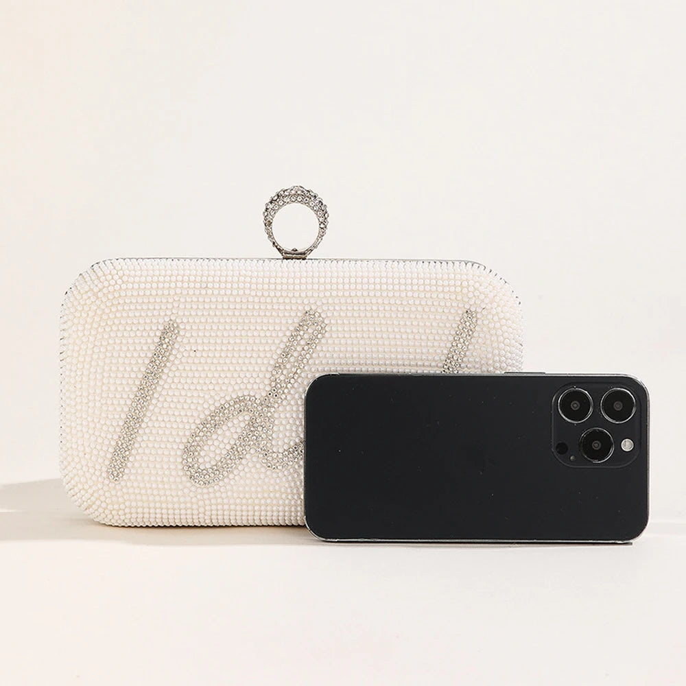 Women’s Pearl Beaded “I Do” Wedding Clutch with Chain Strap