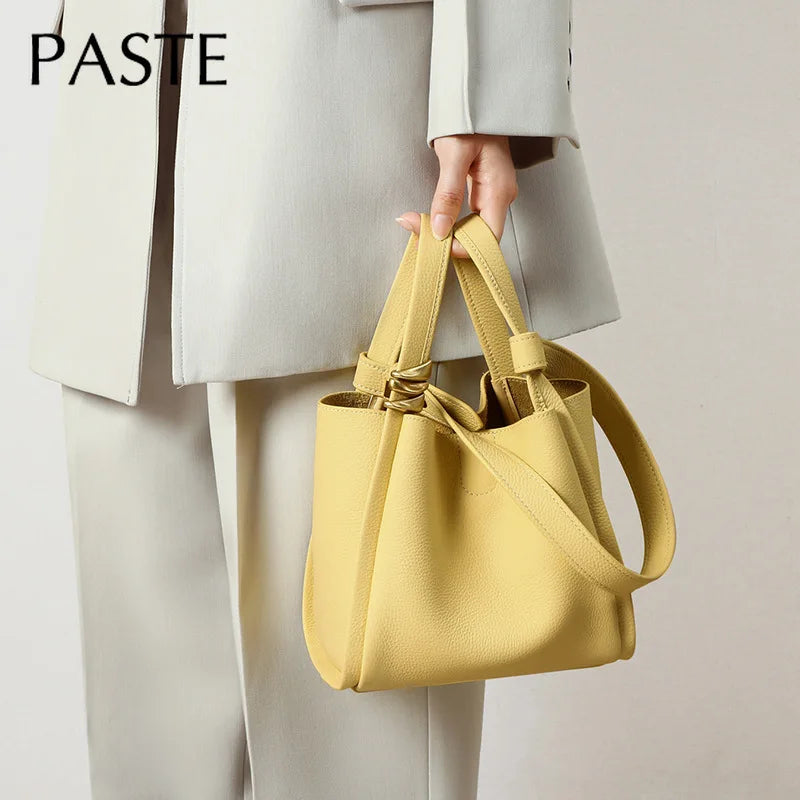 Genuine Leather Yellow Bucket Tote Bag for Women