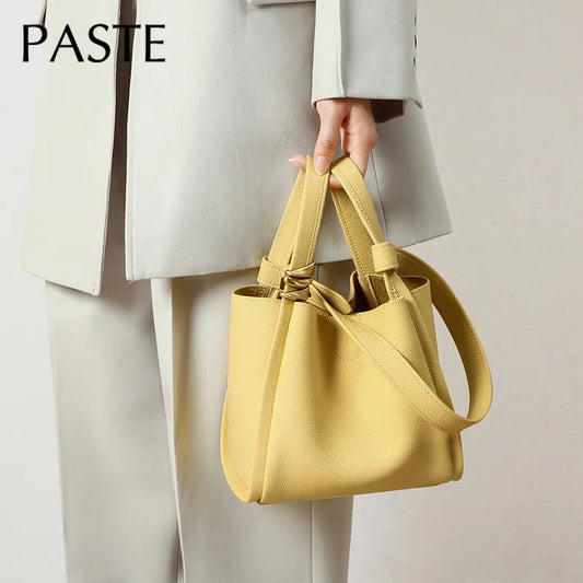 Genuine Leather Yellow Bucket Tote Bag for Women
