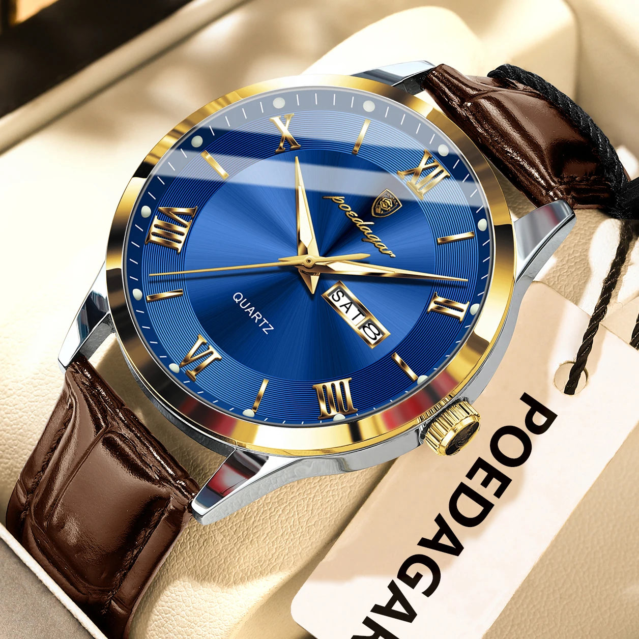 Men's Leather Quartz Watch with Date & Week Display