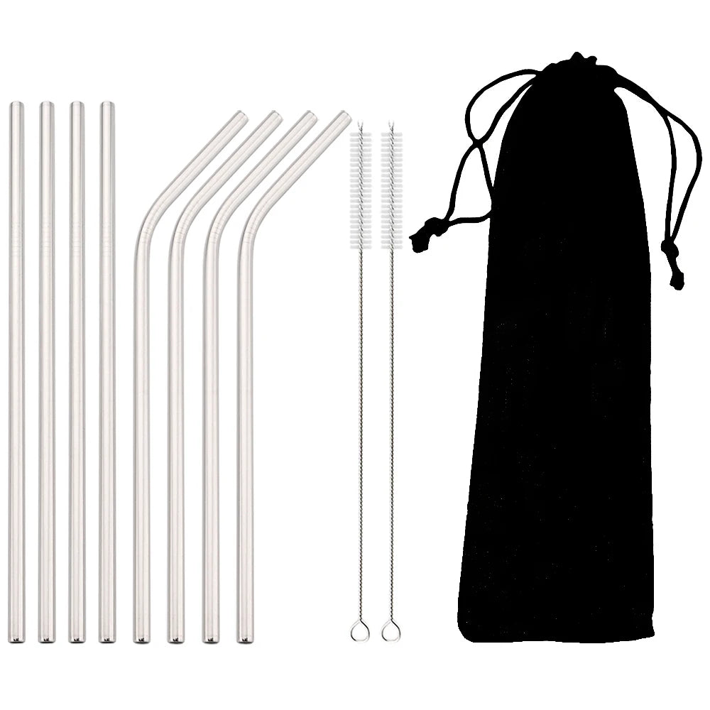 Reusable 304 Stainless Steel Metal Drinking Straws Set with Cleaning Brush