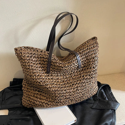 Large Woven Straw Beach Tote Bag