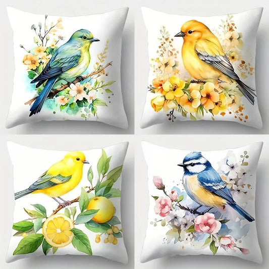 Colorful Birds & Floral Pattern Pillow Cover