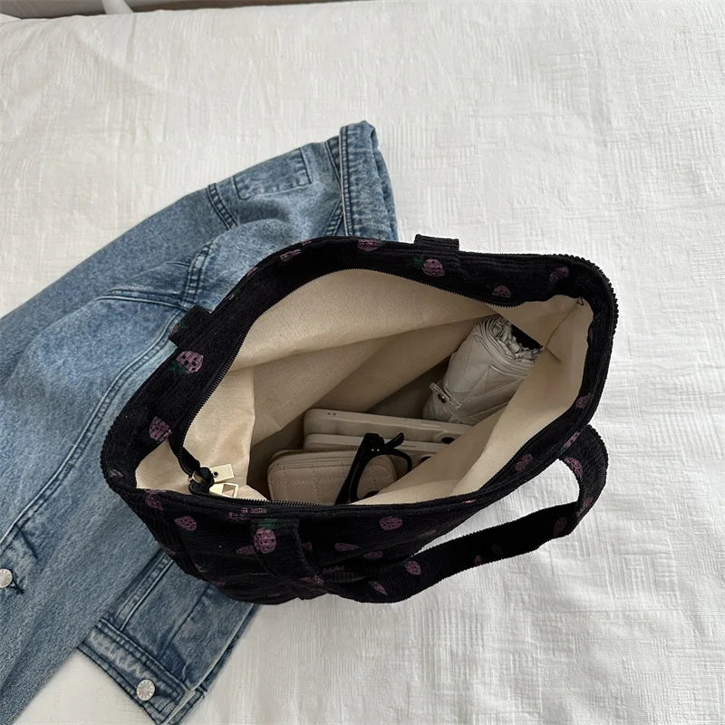 Corduroy Strawberry Print Tote Bag