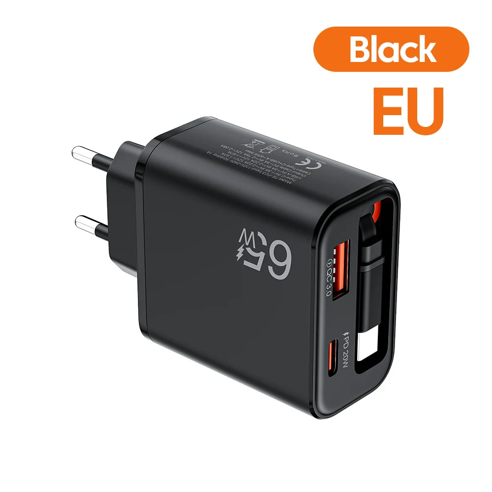 65W USB-C Fast Charger with Retractable Cable