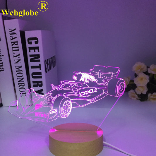 3D Illusion F1 Wooden Sports Car Night Light