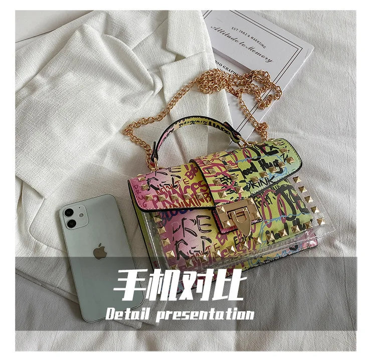 Studded Graffiti Crossbody Satchel Bag