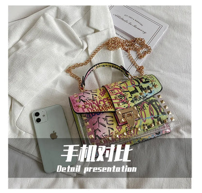 Studded Graffiti Crossbody Satchel Bag