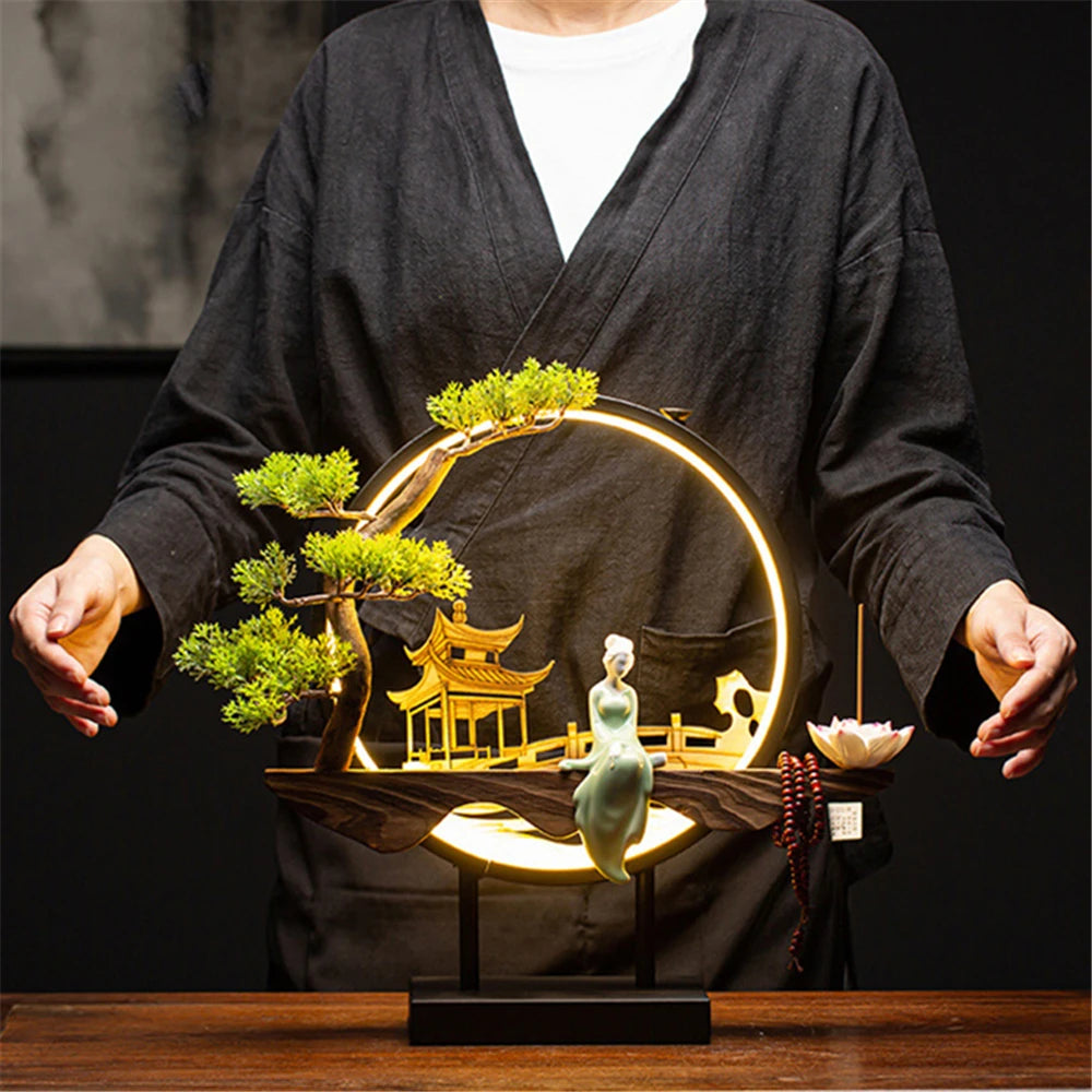 Ceramic Waterfall Incense Holder with LED Ring & Lotus Decor