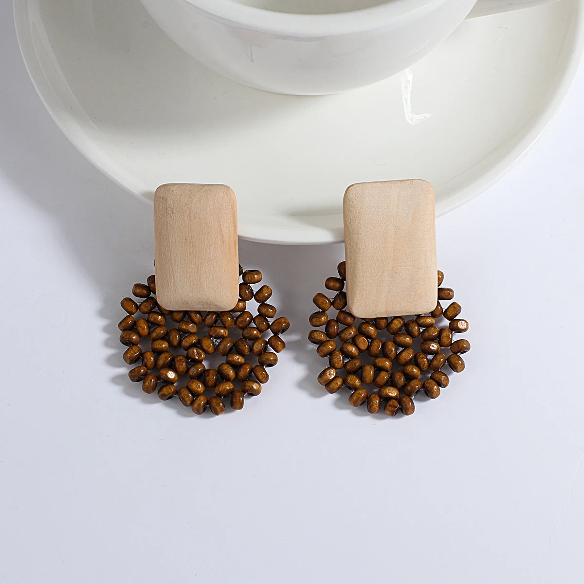 AENSOA Boho Handmade Geometric Wooden Drop Earrings
