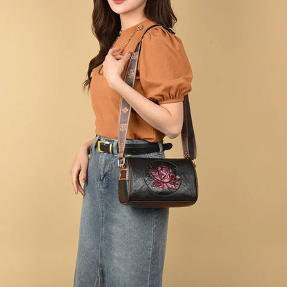 Casual Floral Embossed Leather Crossbody Shoulder Bag