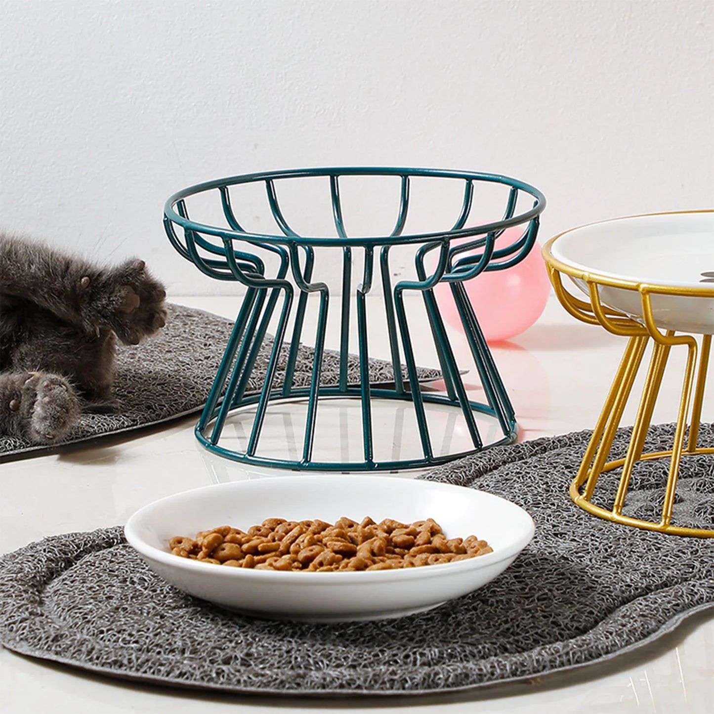 Elevated Ceramic Cat Food Bowl with Metal Stand
