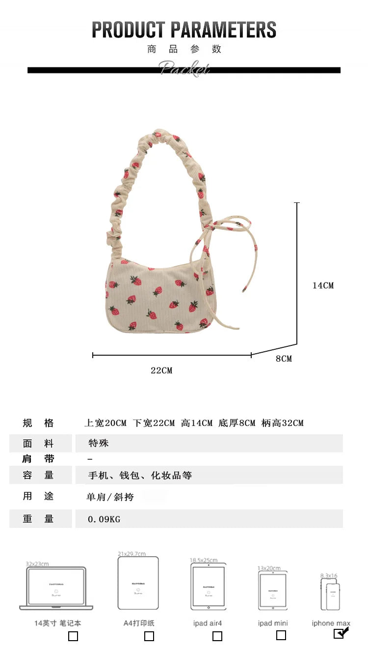 Strawberry Print Corduroy Mini Shoulder Bag